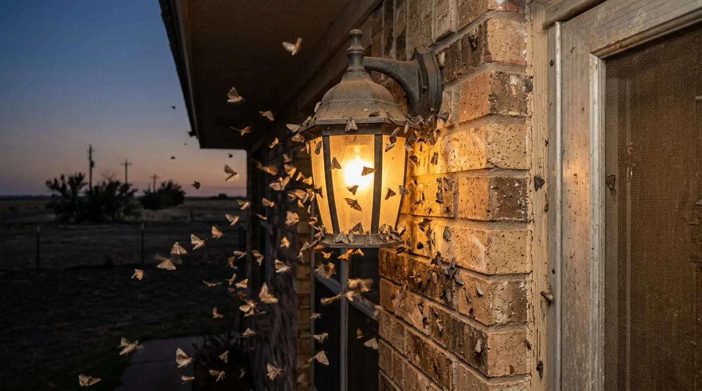 Miller moths gathered around a porch light at dusk