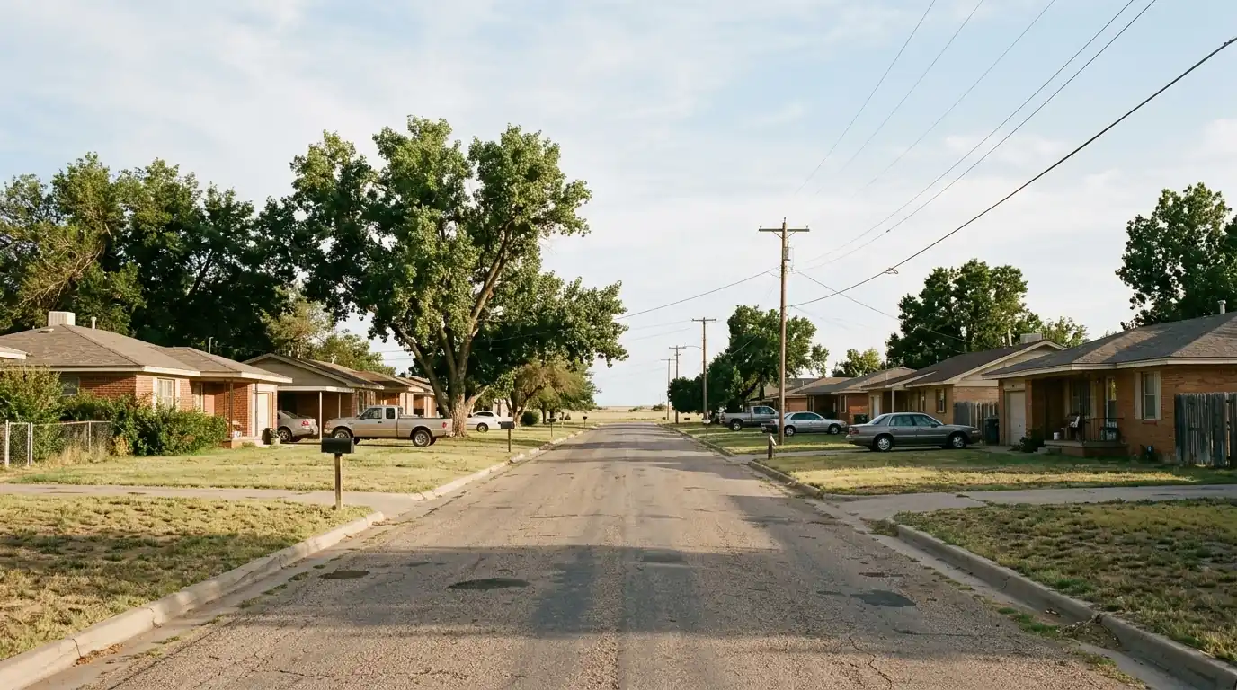 Residential street in Claude Texas with brick and frame homes