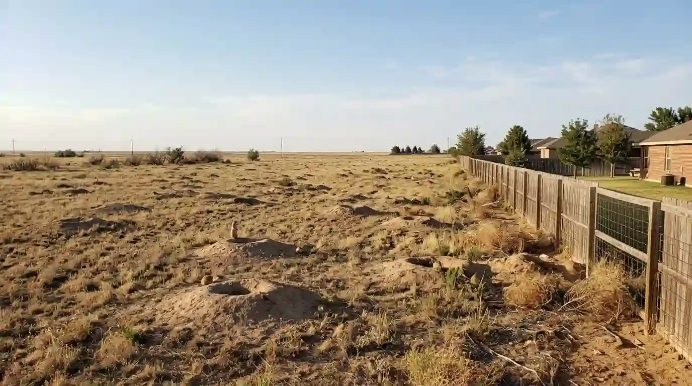 Prairie dog colony mounds spreading into a pasture next to a fenced backyard near Amarillo