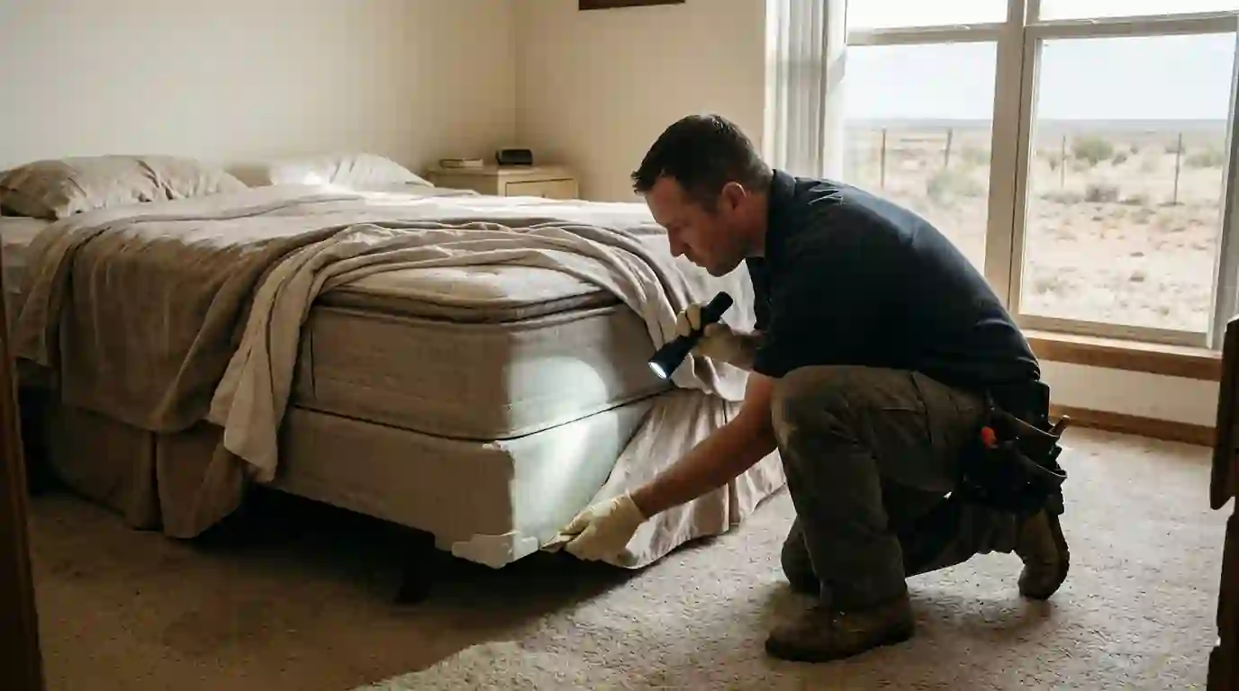 Technician inspecting a box spring corner with a flashlight in a bedroom