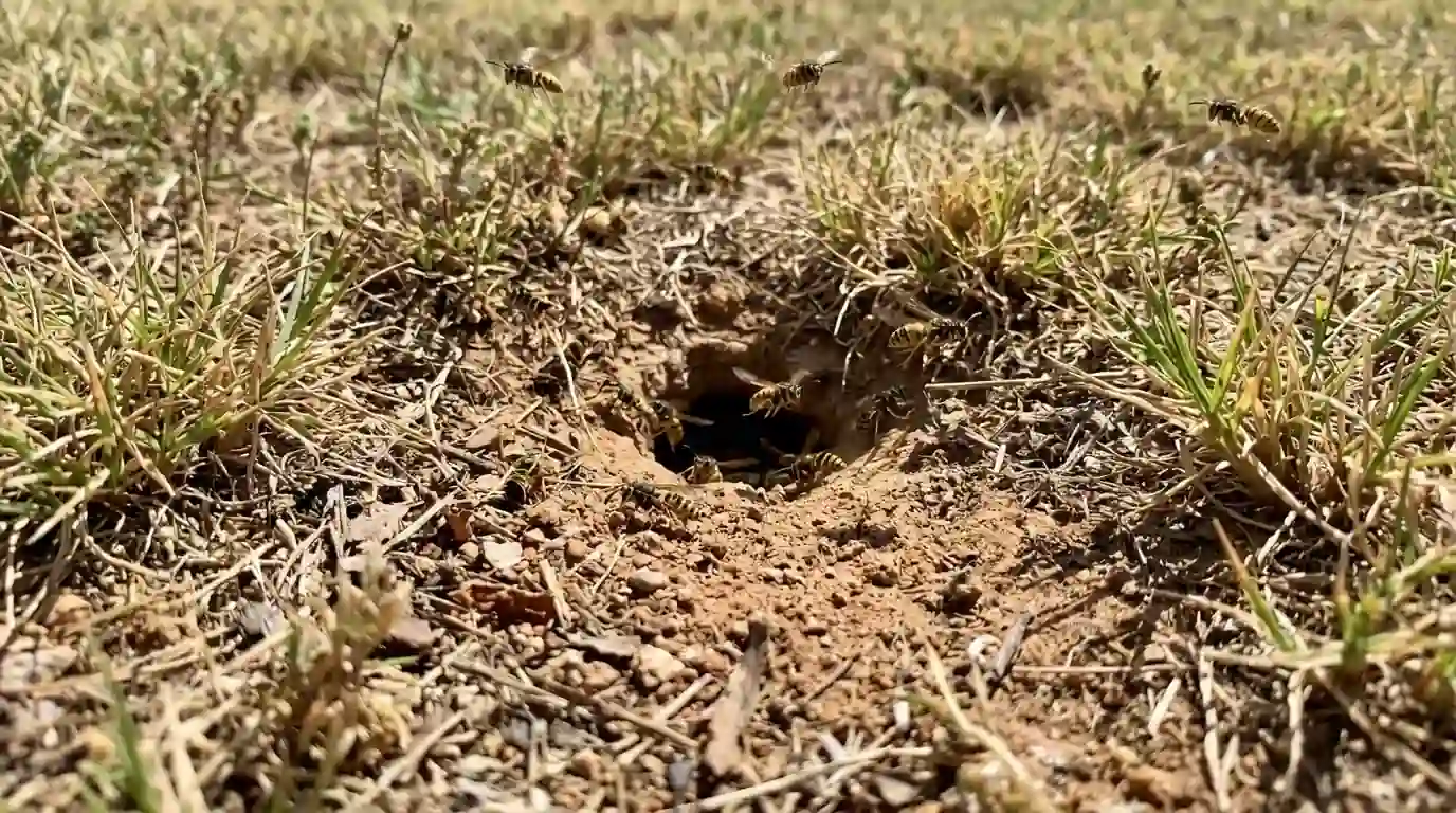 Yellowjacket entrance hole in a lawn with wasps flying in and out