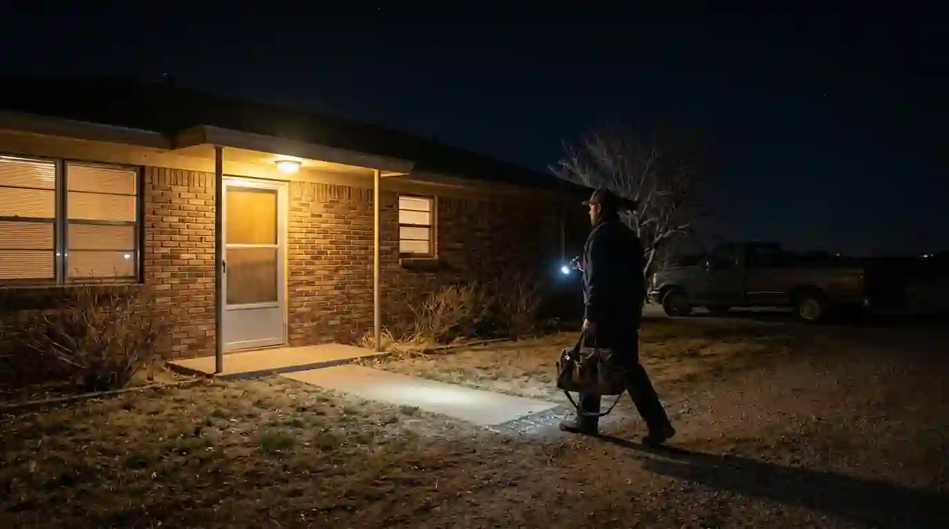 Technician arriving at night at a brick home with a flashlight and service bag, porch light on