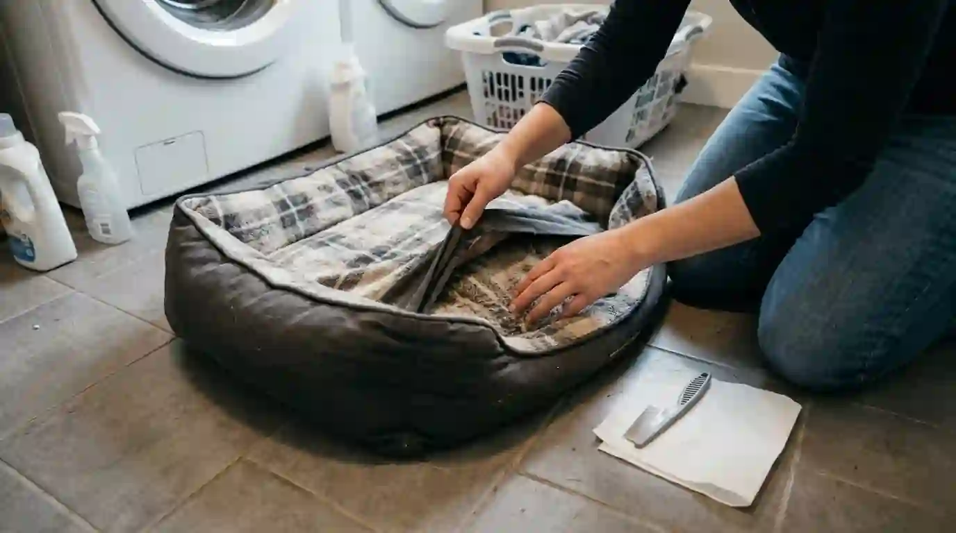 Dog bedding being checked for fleas on a laundry room floor