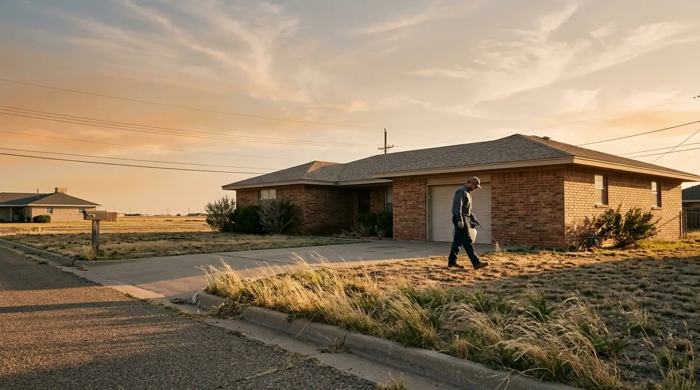 Brick ranch home in a south Amarillo neighborhood at golden hour