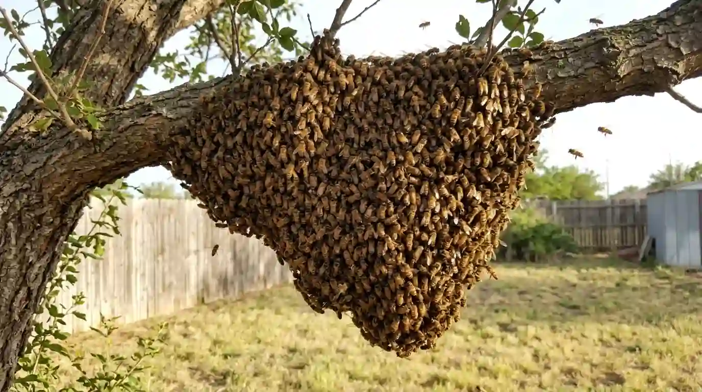 Honey bee swarm clustered on a tree branch in a Texas Panhandle backyard