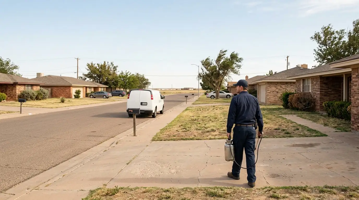Brick ranch homes on a wide residential street in Amarillo Texas with a pest control technician walking up a driveway