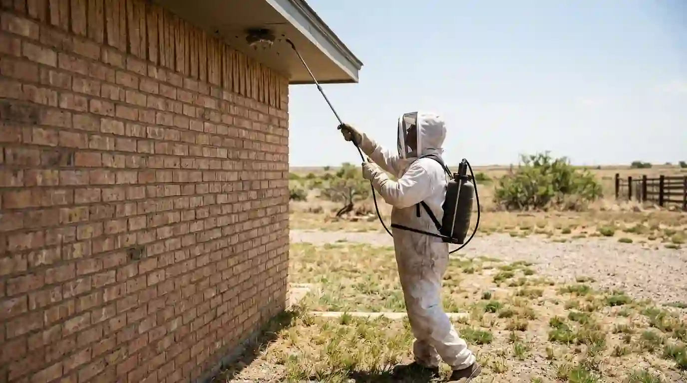 Technician in protective gear treating a paper wasp nest under a brick home eave